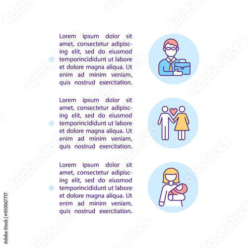 Starting a family concept line icons with text. PPT page vector template with copy space. Brochure, magazine, newsletter design element. Psychological adult development linear illustrations on white