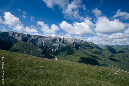 High altitude mountain landscape under blue sky