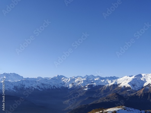 Beautiful view form the mountain Mottarone over Lago Maggiore and Lago di Orta in italian Alps Italy 