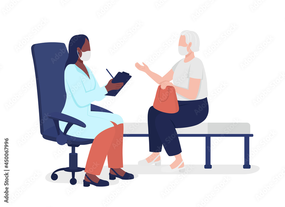 Old lady consulting with physician semi flat color vector characters. Full body people on white. Going to geriatric doctor isolated modern cartoon style illustration for graphic design and animation