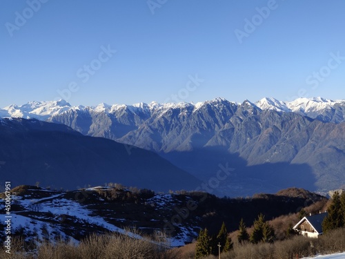 Beautiful view form the mountain Mottarone over Lago Maggiore and Lago di Orta in italian Alps Italy 
