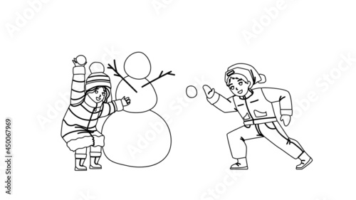 Kids Play With Winter Snow Balls Together Black Line Pencil Drawing Vector. Boy And Girl Friends Playing In Winter Seasonal Game Snowballs Fight. Brother And Sister Funny Active Time Illustration