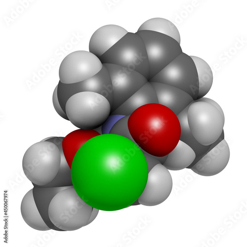 Acetochlor herbicide molecule. 3D rendering. Atoms are represent photo