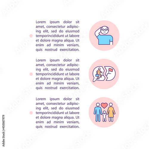 Midlife crisis occurence concept line icons with text. PPT page vector template with copy space. Brochure, magazine, newsletter design element. Changing in relationship linear illustrations on white photo
