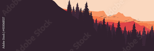 mountain forest sunset flat design vector banner template good for web banner, ads banner, tourism banner, wallpaper, background template, and adventure design backdrop 