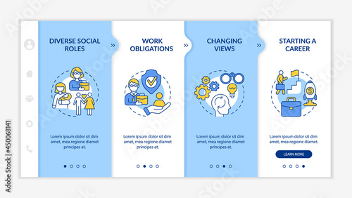 Diverse social roles onboarding vector template. Responsive mobile website with icons. Web page walkthrough 4 step screens. Starting a career color concept with linear illustrations