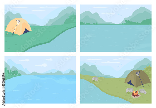 Water body ringed by mountains flat color vector illustrations set. Riverside campground. Pristine environment. Relaxing 2D cartoon landscapes collection with camping tent and hills on background