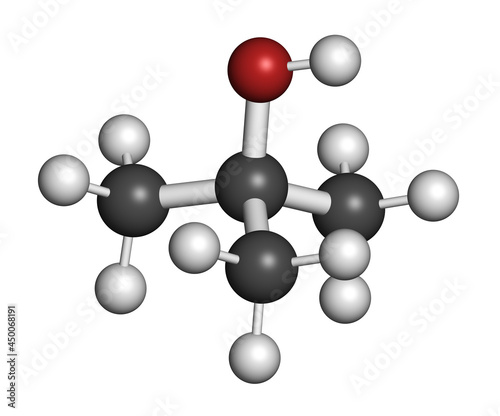 Photography tert-butyl alcohol (tert-butanol) solvent molecule. 3D rendering.