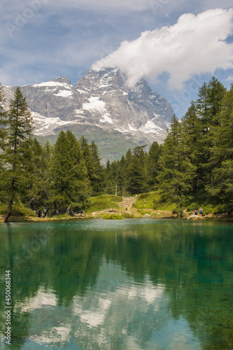 Wonderful view of blue lake  Lago blu  with matterhorn massif in the background  Valle d Aosta  Italy