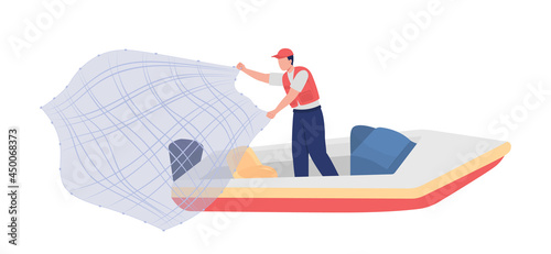 Fisherman with throw net semi flat color vector character. Full body person on white. Catching fish, shrimp on boat isolated modern cartoon style illustration for graphic design and animation