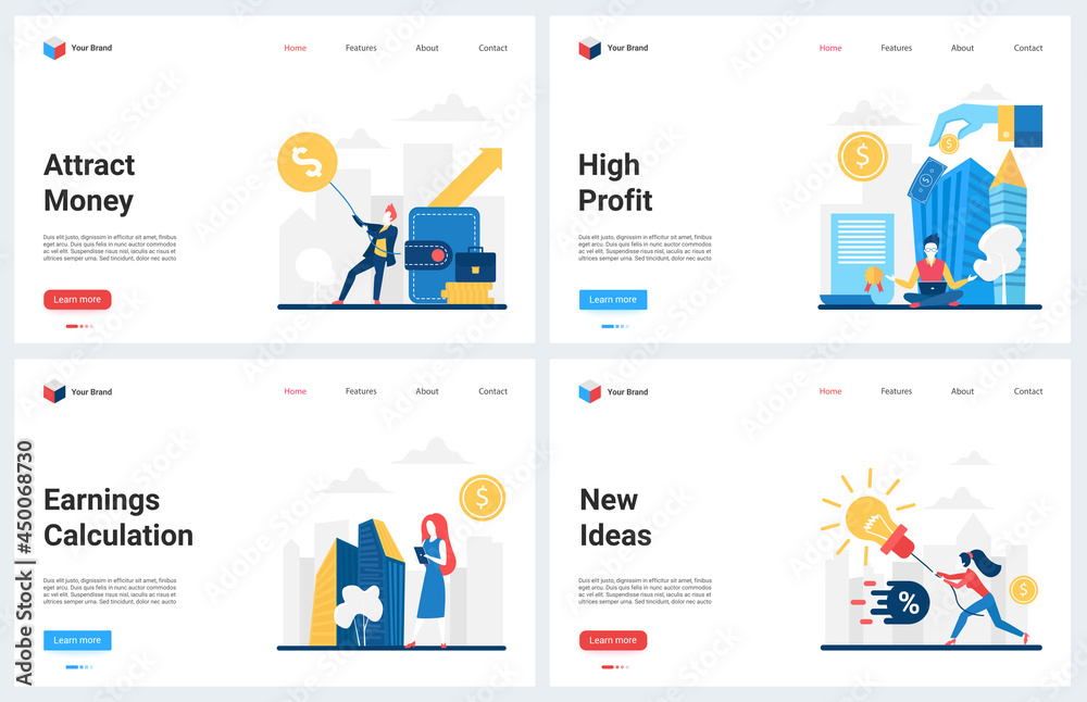 Business profit growth, businessman work to attract money vector illustration. Cartoon modern business concept landing page set with creative new idea project, economy, income earnings calculation