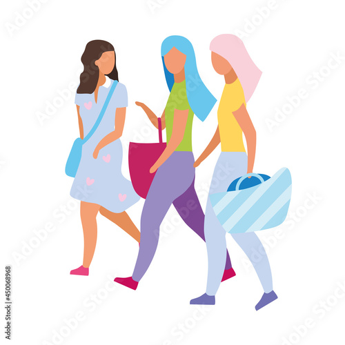Shopping with friends semi flat color vector characters. Full body people on white. Spending leisure time with besties isolated modern cartoon style illustration for graphic design and animation