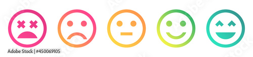 Feedback emoji icons. Review sentiment emoticon icon set with different mood faces including happy, sad, good and bad. 