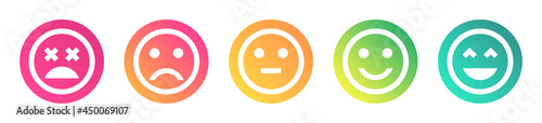 Feedback emoji icons. Review sentiment emoticon icon set with different mood faces including happy, sad, good and bad. 