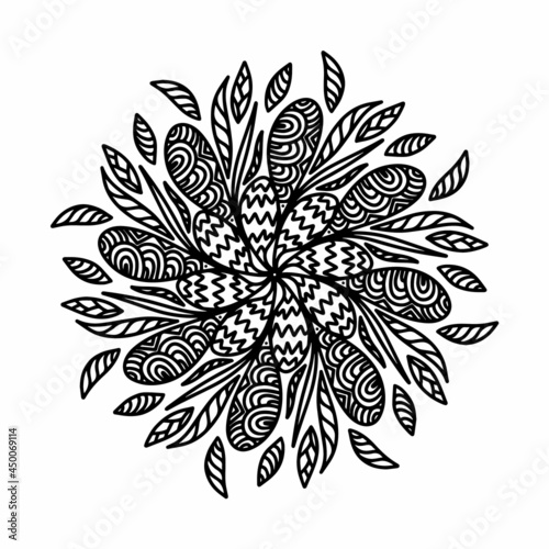Floral vector mandala with flowers and leaves in doodle style isolated on white background. Funny coloring and cute illustration for seasonal design, textile, decoration kids playroom or greeting card