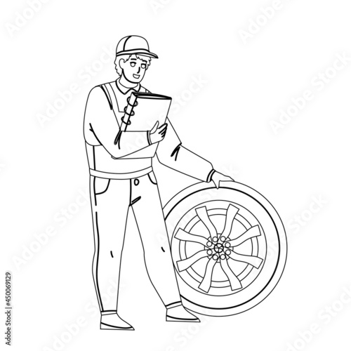 Tire Car Wheel Black Line Pencil Drawing Vector. Vehicle Service Worker Checking And Fixing Transportation Part. Character Guy Professional Maintenance In Garage Illustration