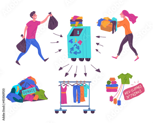 Cartoon Color Characters People and Clothes for Recycle Concept Flat Design Style . Vector illustration of Donate and Recycling Clothing