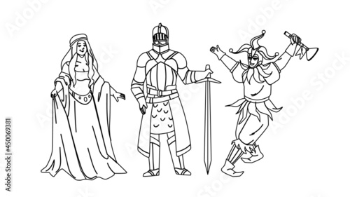 Medieval People Lady, Knight And Jester Black Line Pencil Drawing Vector. Medieval Woman Wearing Attractive Dress, Warrior In Armor Holding Sword And Funny Man. Historic Period Characters Illustration