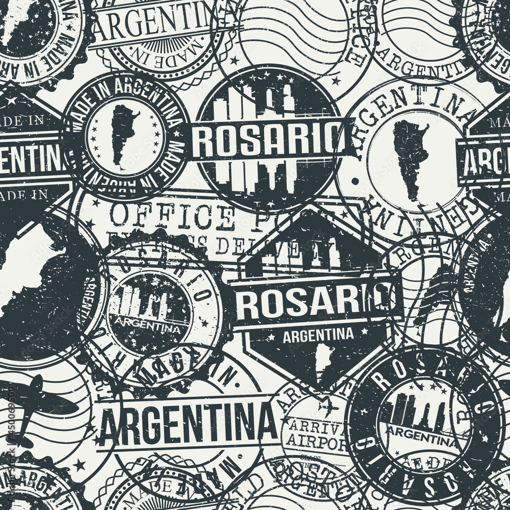 Rosario, Santa Fe Province, Argentina Stamps Background. A City Stamp Vector Art. Set of Postal Passport Travel. Design Set Pattern.