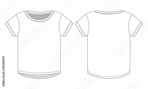 Short sleeve round neck Technical Sketch flat fashion T-shirt Template for girls 2-6 years. Apparel dress design CAD Mock up Vector Illustration Graphic design.