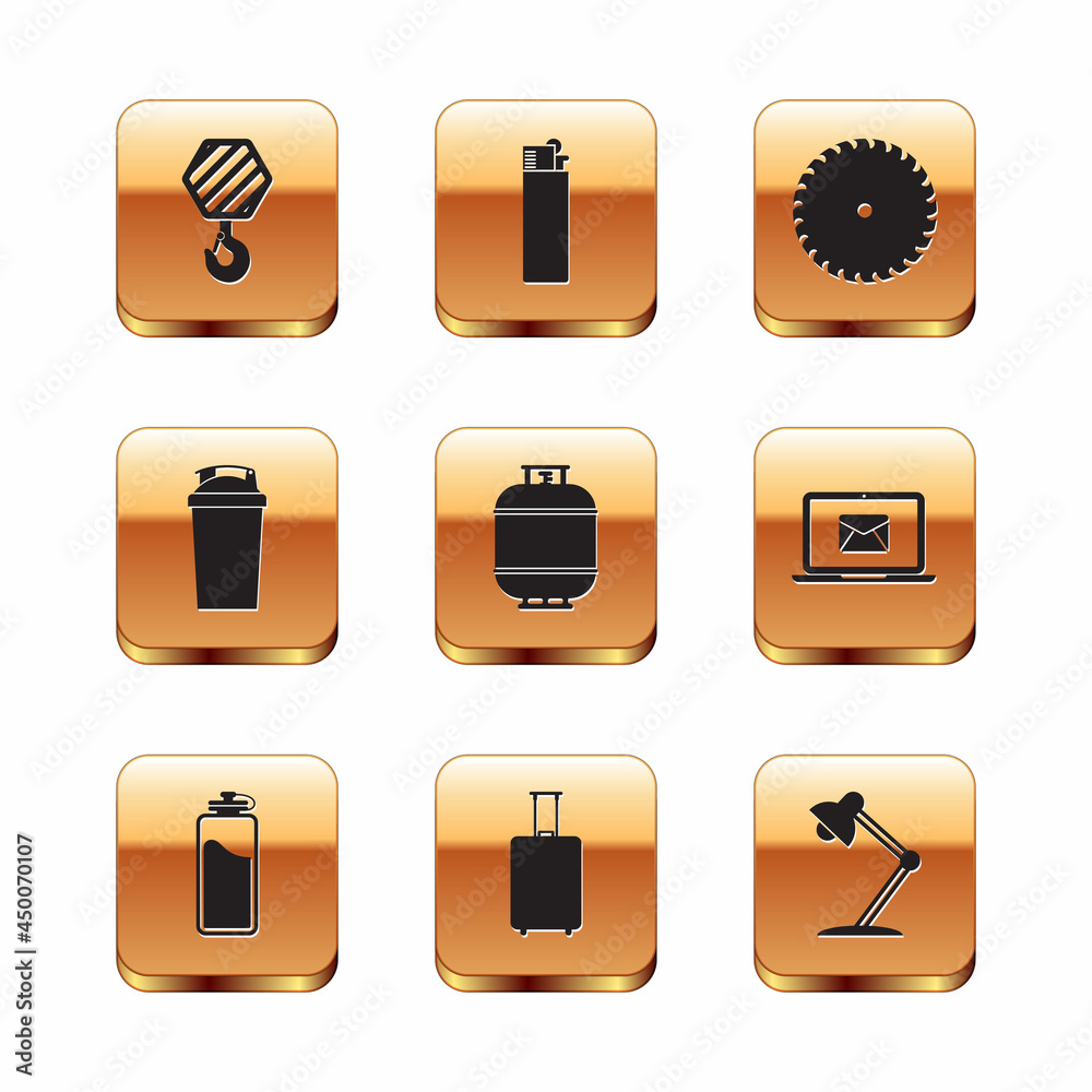 Set Industrial hook, Sport bottle with water, Travel suitcase, Propane gas tank, Fitness shaker and Circular saw blade icon. Vector Set Industrial hook, Sport bottle with water, Travel suitcase, Propane gas tank, Fitness shaker and Circular saw blade icon. Vector