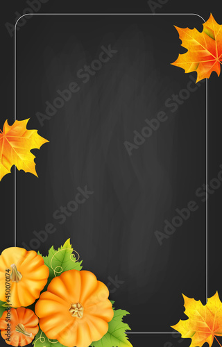 Dark background with pumpkins and autumn maple leaves, template for design, poster, flyer or menu.