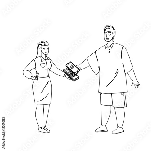 Mobile Payment Making Customer In Store Black Line Pencil Drawing Vector. Young Man Make Mobile Payment With Smartphone In Store For Purchase. Characters Digital Electronic Technology Illustration