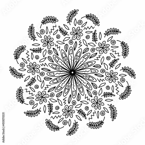 Floral vector mandala with flowers and leaves in doodle style isolated on white background. Funny coloring and cute illustration for seasonal design, textile, decoration kids playroom or greeting card