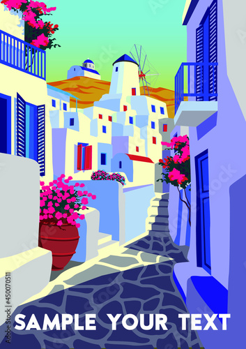 Summer cityscape with traditional houses on Mykonos island, Greece. Handmade drawing vector illustration. Retro style poster.