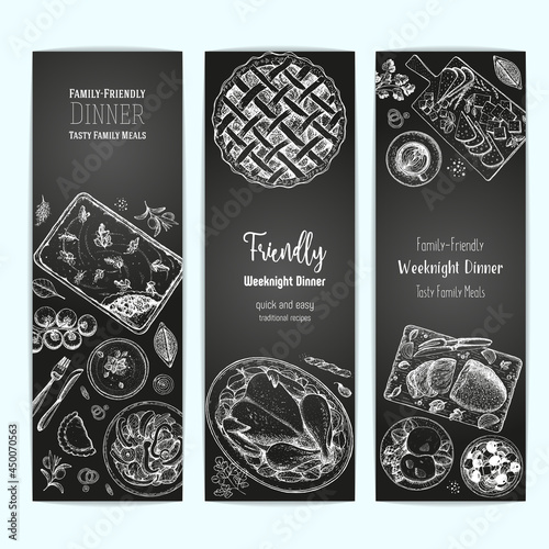 Family dinner banner set, vector illustration. Friendly dinner table. Food menu. Engraved style banner collection. Hand drawn sketch, design template.