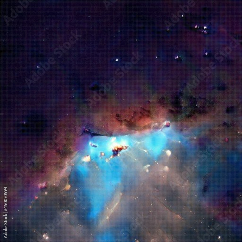 Beautiful space background. Nebula blast. Multicolored space clouds. Blue glowing gas giants. Science fiction backdrop. Fantastic cosmic wallpaper. Vector illustration