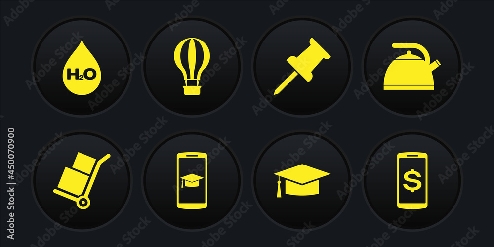 Set Hand truck and boxes, Kettle with handle, Graduation cap on mobile, , Push pin and Hot air balloon icon. Vector