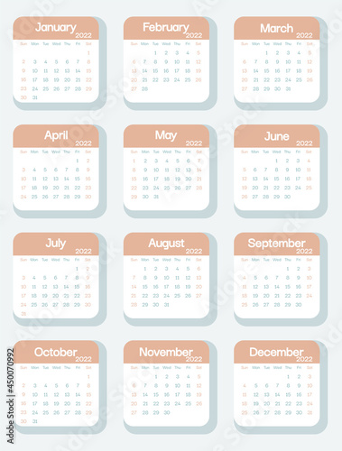 Set of month leaf for 2022 calendar planner in pastel color, week starts on Sunday, template, mock up calendar leaf - Illustration. Vector graphic page