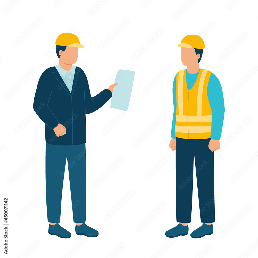 Worker contractor, builder communicate with build industry leader, architect, boss in helmet. Construction workers and engineers working architecture and real estate. Contact on building. Vector Worker contractor, builder communicate with build industry leader, architect, boss in helmet. Construction workers and engineers working architecture and real estate. Contact on building. Vector