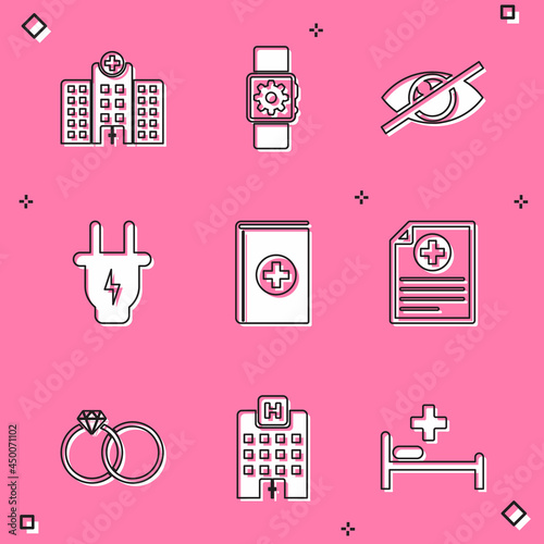 Set Medical hospital building, Smartwatch setting, Invisible or hide, Electric plug, book and Clinical record icon. Vector
