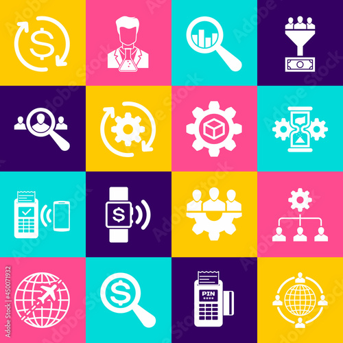 Set Outsourcing concept, Lead management, Hourglass and gear, Magnifying analysis, Gear arrows workflow and for search people icon. Vector