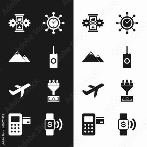 Set Remote control, Mountains, Hourglass and gear, Clock, Plane and Lead management icon. Vector