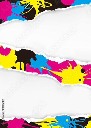 Torn paper with CMYK colors ink splashes. Ripped paper with place for your image or text. Concept for presenting color printing. Vector available.