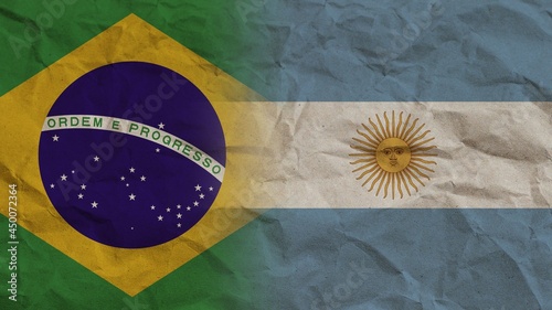 Argentina and Brasil Flags Together, Crumpled Paper Effect Background 3D Illustration