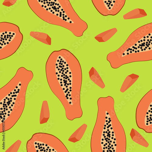Papaya seamless pattern on green background. Colorful vector illustration for cover, wrapping paper, packaging, tropical wallpaper, fabric.