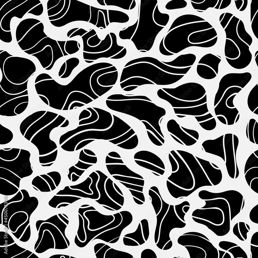 Neutral texture with simple hand-drawn black spots. Vector abstract seamless pattern design. Decorative shapes and silhouettes repeated background for fabric design.
