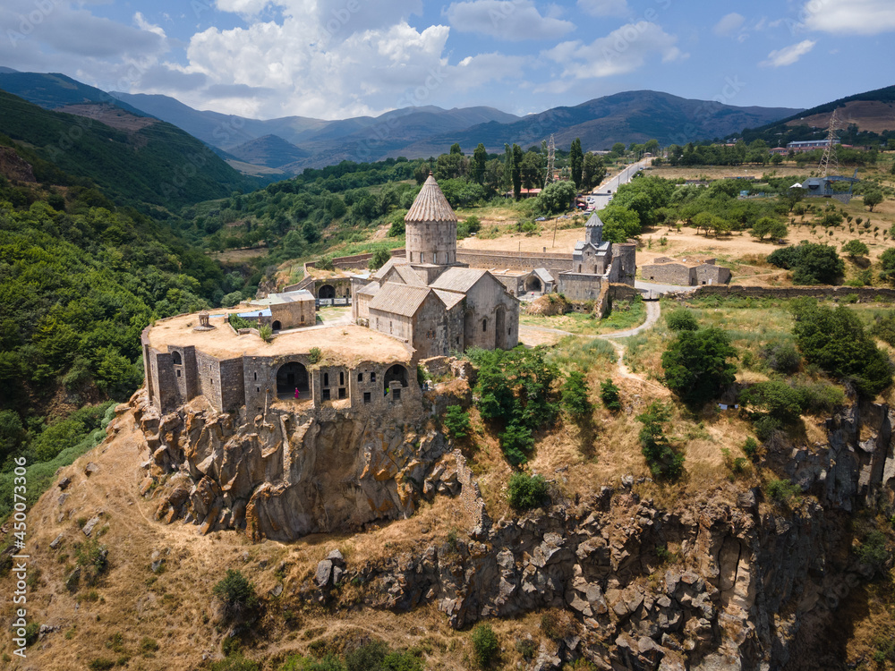 Aerial view of Tatev monastery in Armenia. The Armenian Apostolic monastery was founded in 9th century