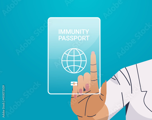 human hand touching virtual global immunity passport risk free covid-19 re-infection coronavirus immunity concept