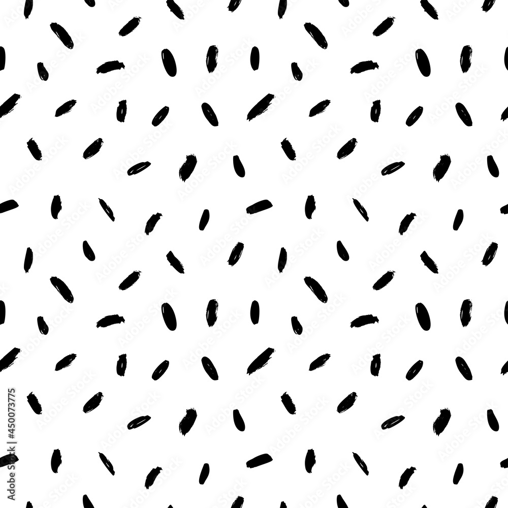 Vector seamless pattern with brush stripes and strokes. Black dashes on white background. Dry rough smears and short brushstrokes. Hand painted grunge texture. Modern art background, textile design 
