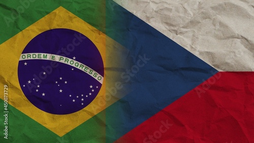 Czech Republic and Brasil Flags Together  Crumpled Paper Effect Background 3D Illustration