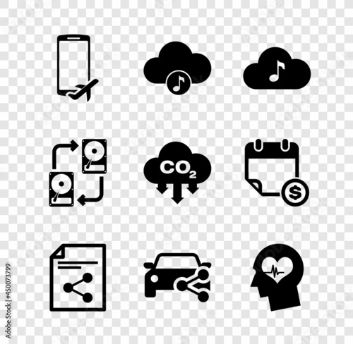 Set Flight mode in the mobile, Music streaming service, , Share file, Car sharing and Head with heartbeat icon. Vector