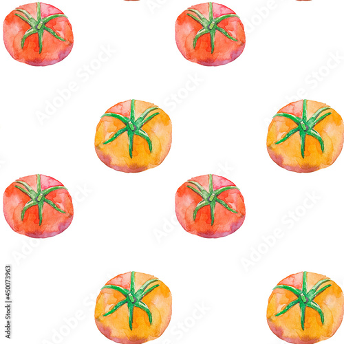 Seamless pattern with red and yellow tomatoes on a white background. Summer bright pattern. Food packaging wallpaper background.