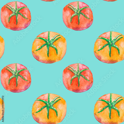 Seamless pattern with red and yellow tomatoes on a blue background. Summer bright pattern. Food packaging wallpaper background.