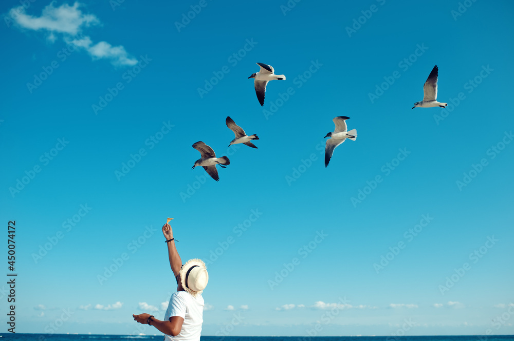 Tourist man feeding flock of seagulls on the beach. Young male with straw hat, gives nachos to flying seabirds against clear blue amazing sky Tourist man feeding flock of seagulls on the beach. Young male with straw hat, gives nachos to flying seabirds against clear blue amazing sky