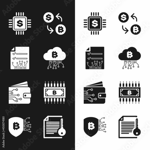 Set Cryptocurrency cloud mining, Smart contract, Processor chip with dollar, exchange, wallet and bitcoin circuit icon. Vector